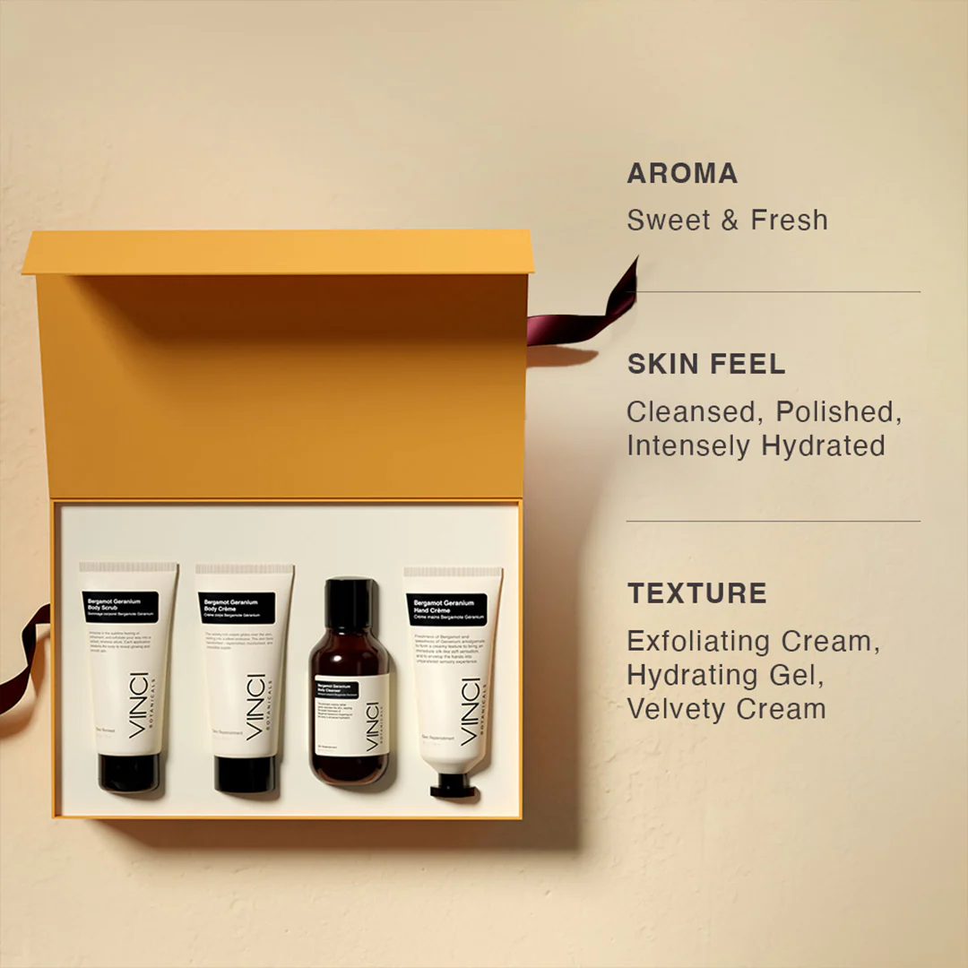 Bergamot Geranium Bath and Body Quad Set (Hand Crème - 50 gm | Body Cleanser - 50 gm | Body Crème - 90 ml | Body Scrub - 30 gm) - Image 4