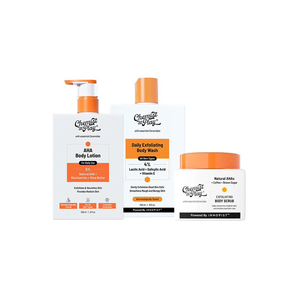 Oh-so-smooth Trio (Exfoliating Body Scrub - 75 gm) | Exfoliating Body Wash - 236 ml | AHA Body Lotion - 236 ml) - Image 4